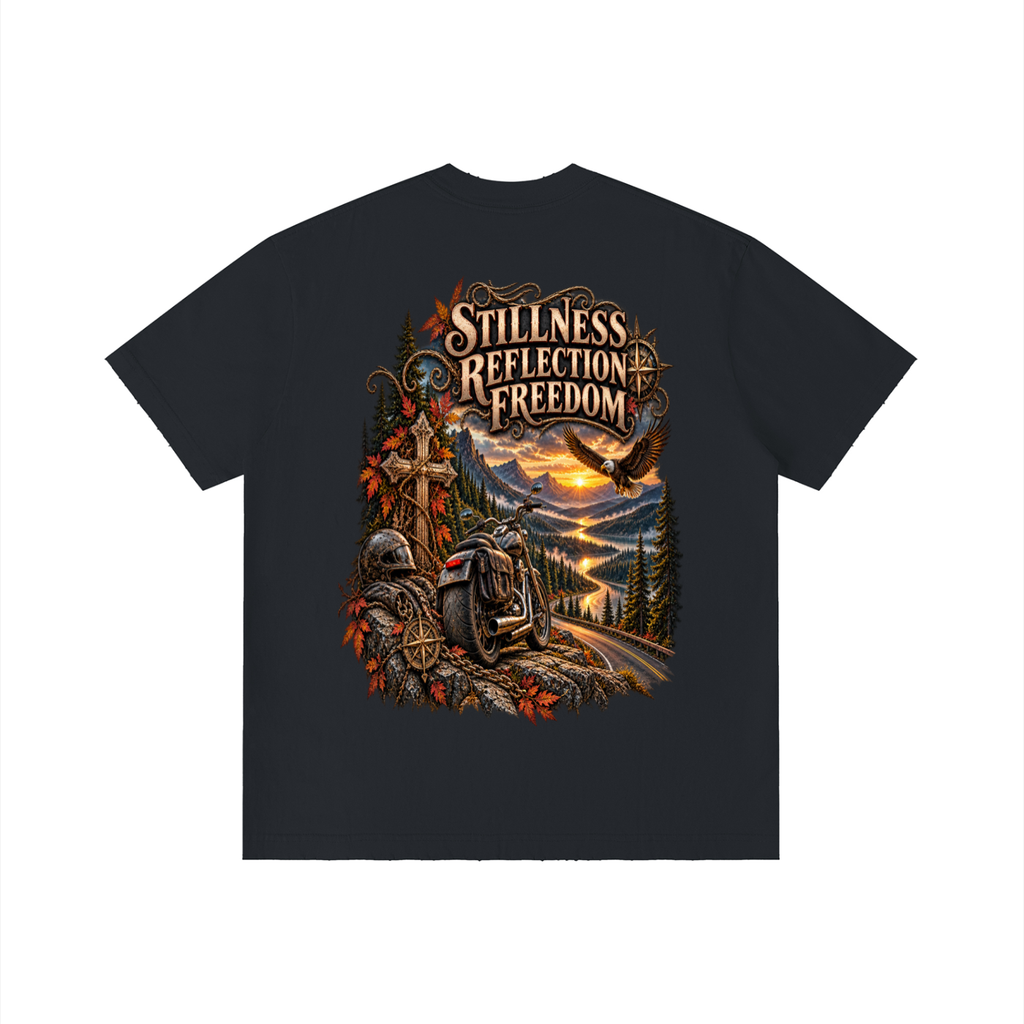 Stillness, Reflection, Freedom | Vintage Wash Biker T-Shirt