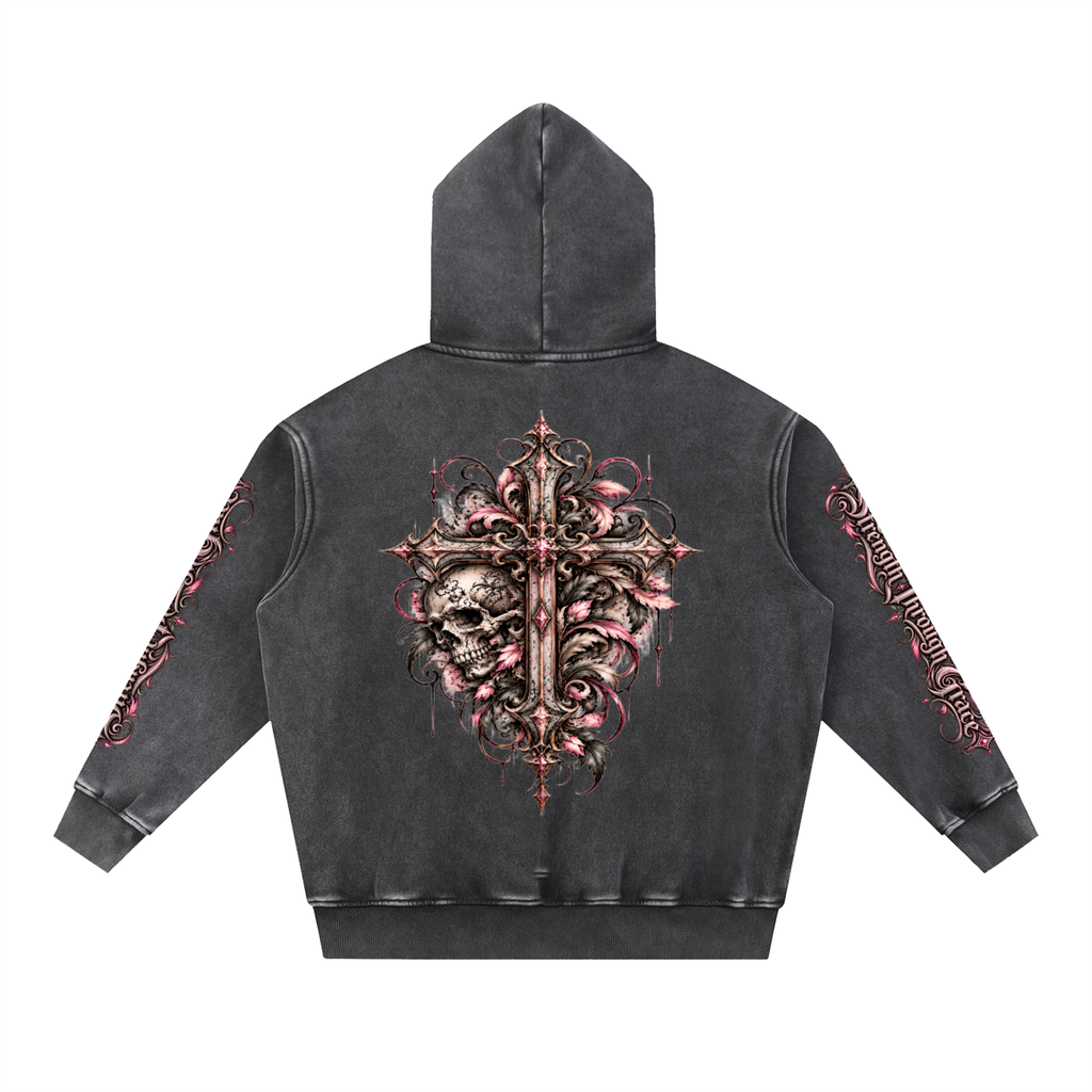 Gothic Grace Cross — Pink Edition | Snow-Washed Oversized Hoodie