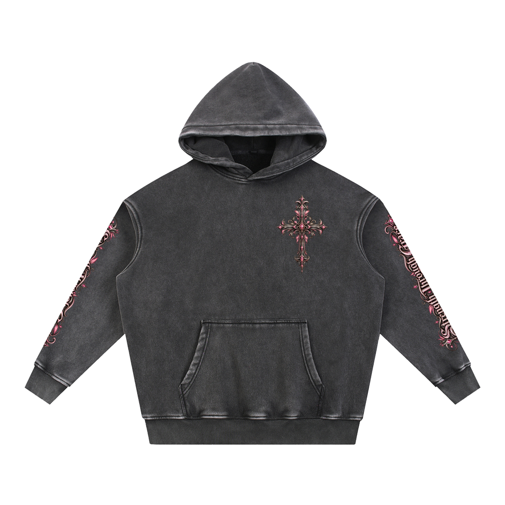 Gothic Grace Cross — Pink Edition | Snow-Washed Oversized Hoodie