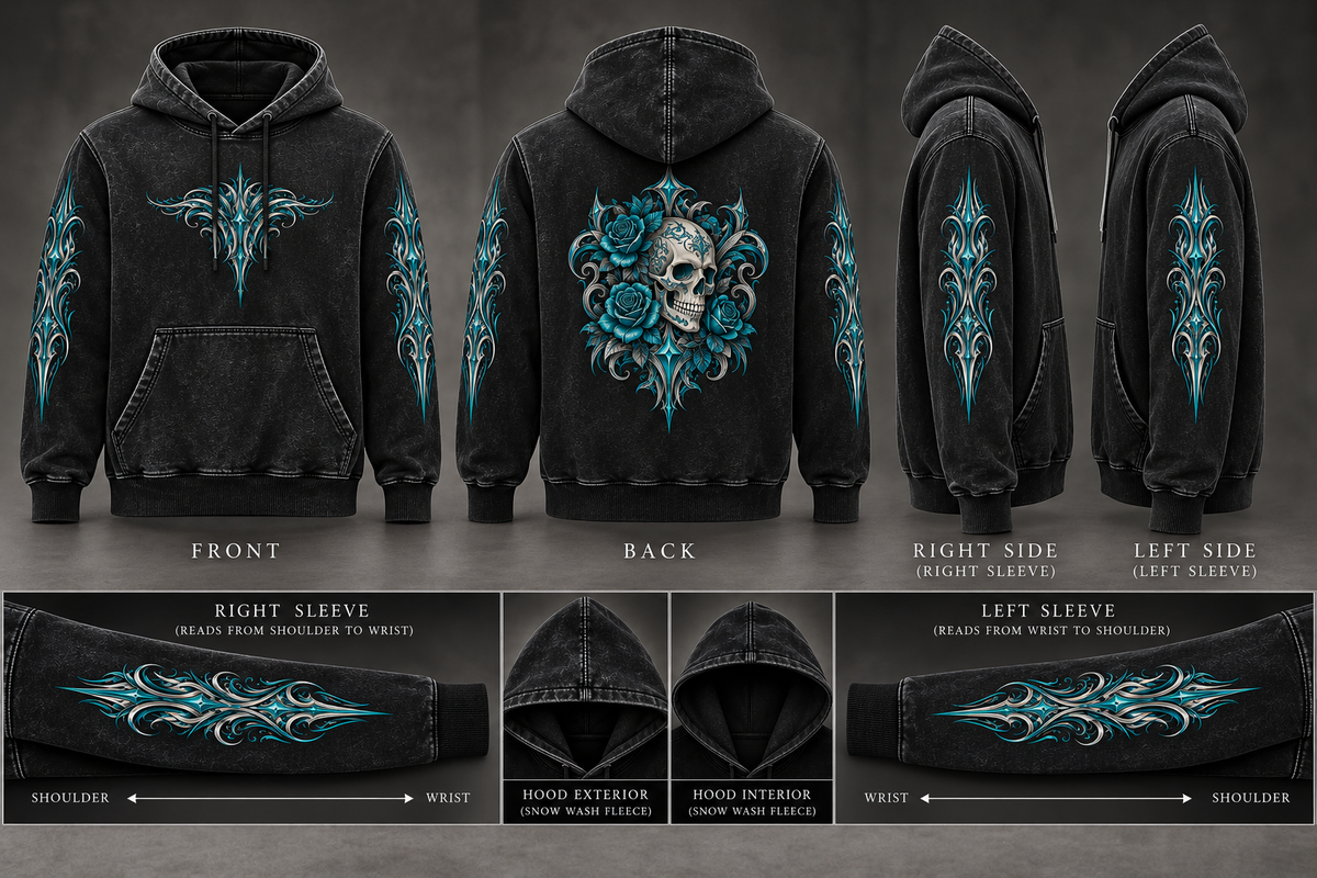 Teal Gothic Skull & Pinstripe | Women's Biker Hoodie
