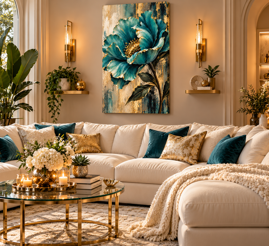 Golden Petals of Serenity | Teal & Gold Floral Canvas Art
