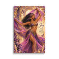 Joy in the Little Things 20x30 purple dancer canvas with flowing violet fabric and golden acanthus accents