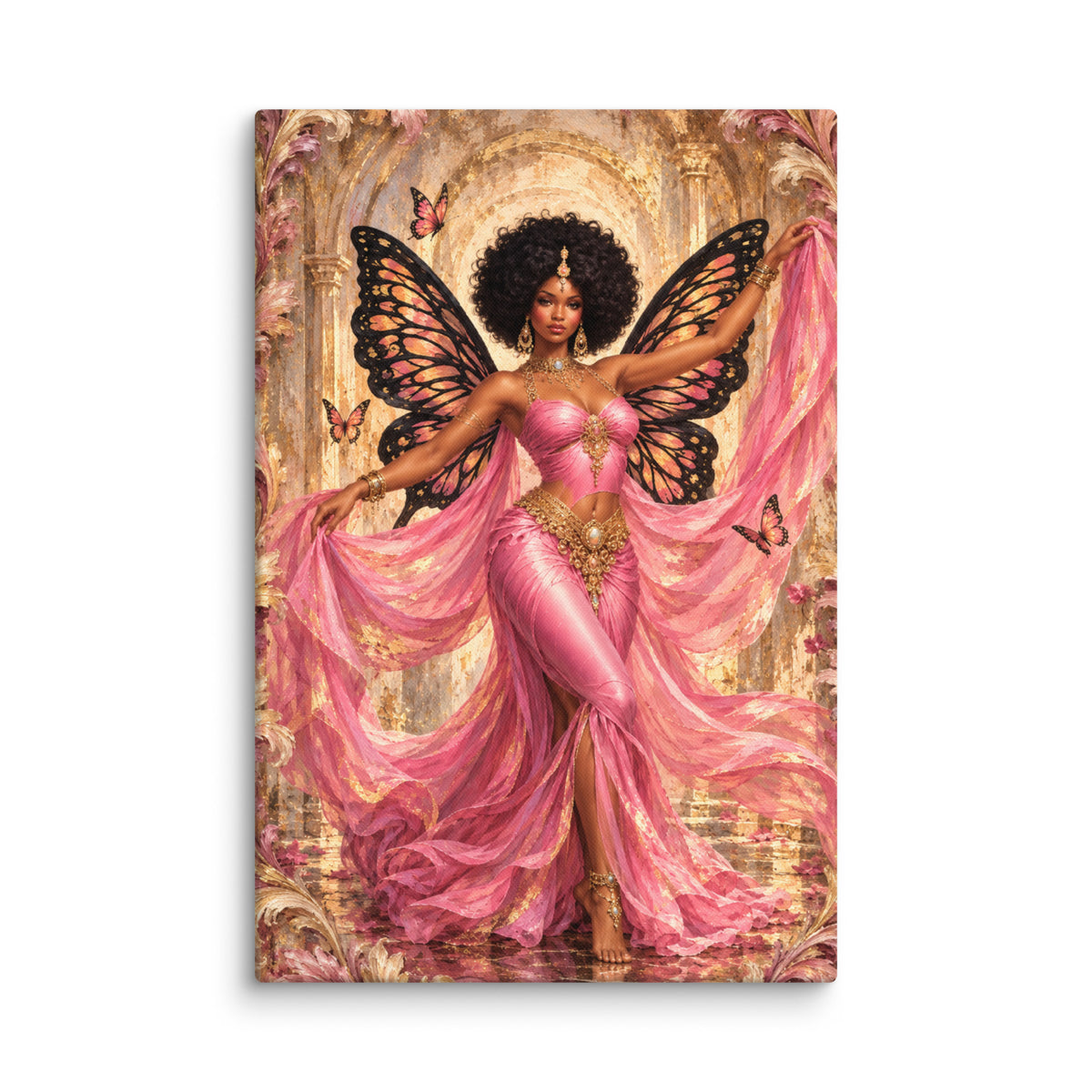 Wings of Wonder 20x30 pink butterfly dancer canvas with flowing rose fabric, butterfly wings and painterly gold acanthus accents