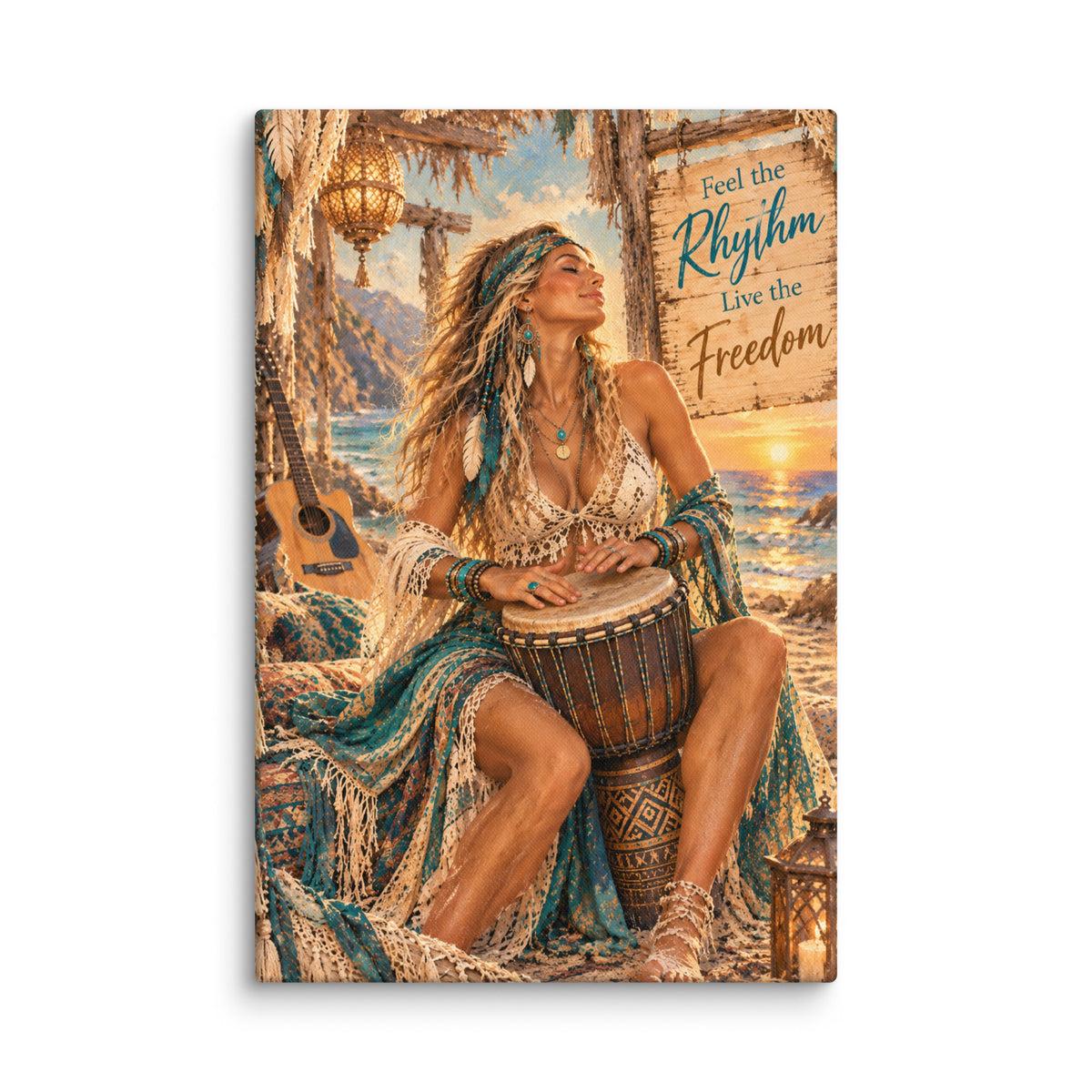 Feel the Rhythm Live the Freedom 20x30 boho canvas featuring a woman playing a hand drum by the beach with teal fabrics and macrame details